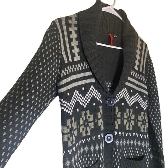 𝅺5/48 by Saks Long Fair Isle Duster Grandpa Cardigan Size S Black Gray - Picture 3 of 8